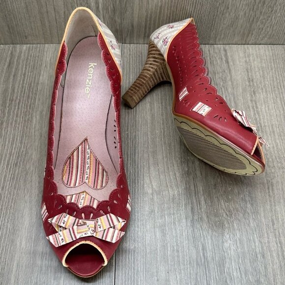 Kenzie Shoes Womens 9M Harvest Laser-Cut Peep Toe High Heel Pumps Leather Red - Picture 7 of 12